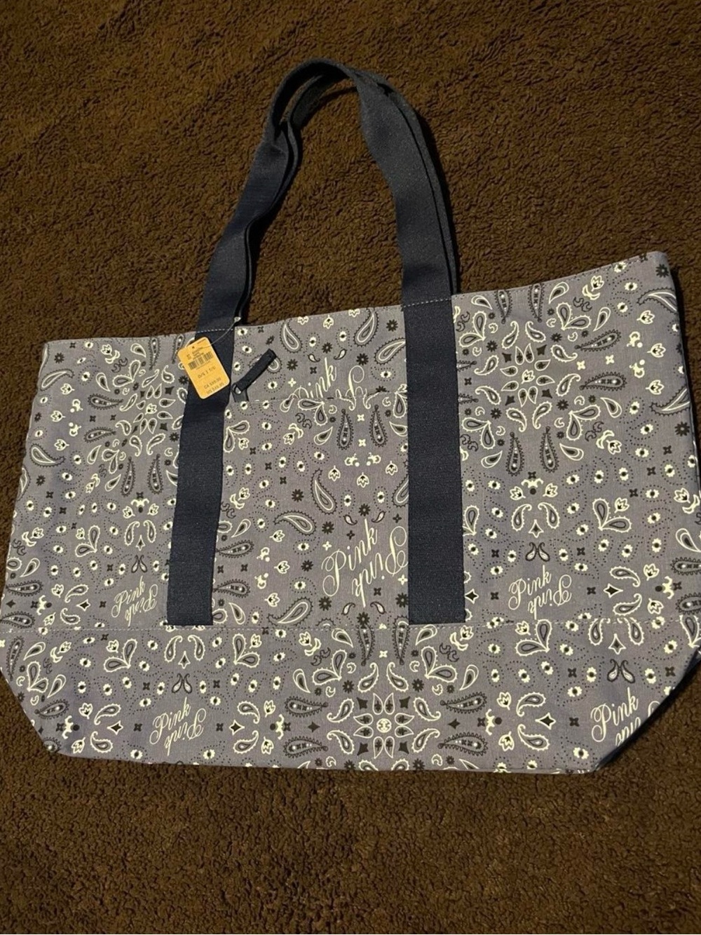 PINK Victoria's Secret Blue Paisley Canvas Tote with Dark Blue Straps